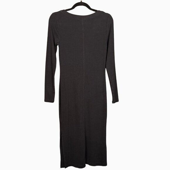 Old Navy Ribbed Black Button Front Midi Dress Medium Long Sleeve Cotton Stretch - Picture 2 of 6